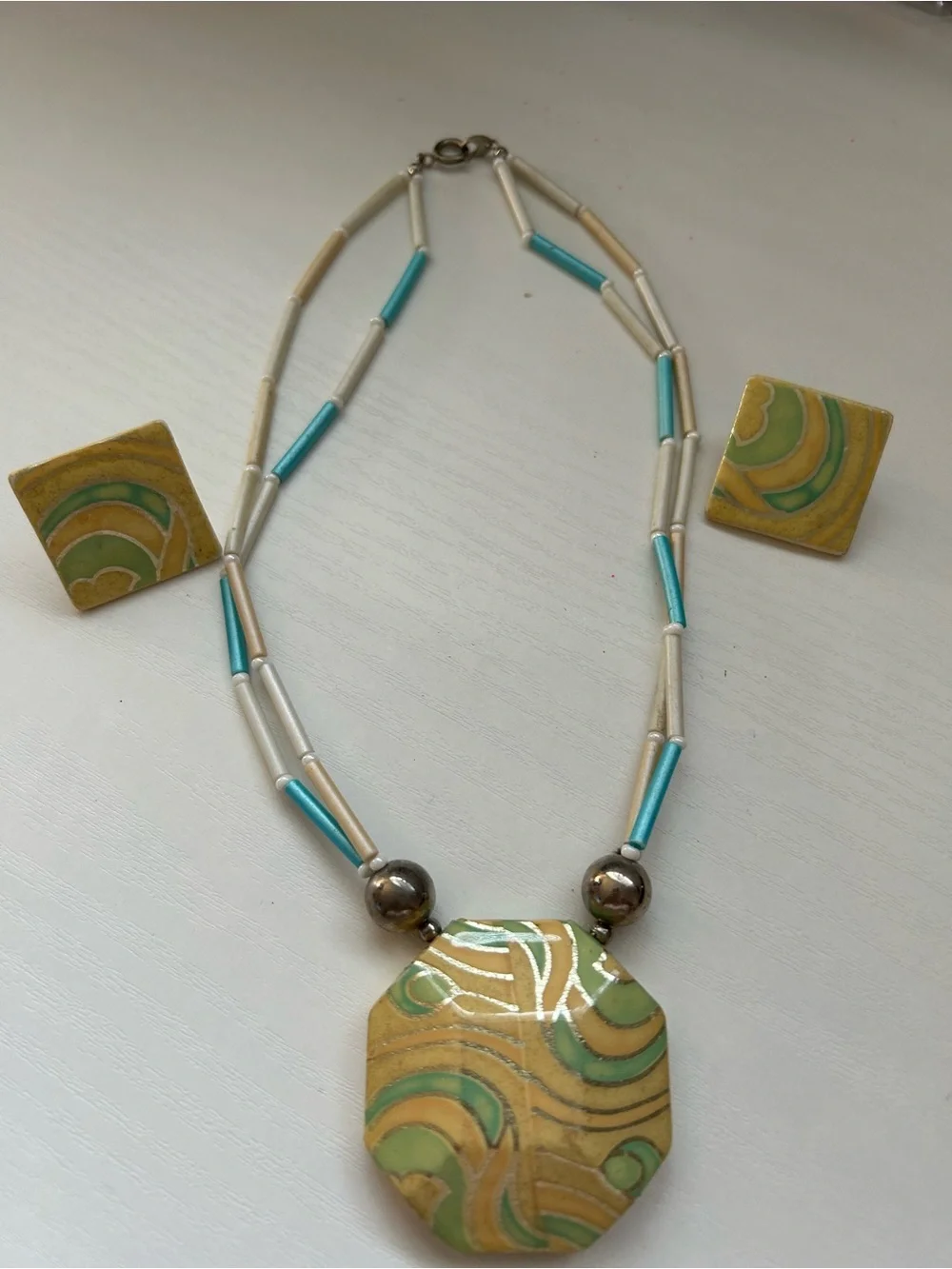 Handcrafted Green and Gold Octagon Pendant Necklace by